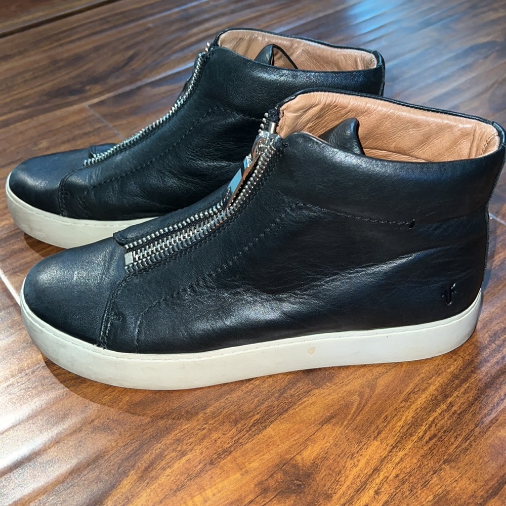 Frye Black Leather Ankle Boots with White Soles